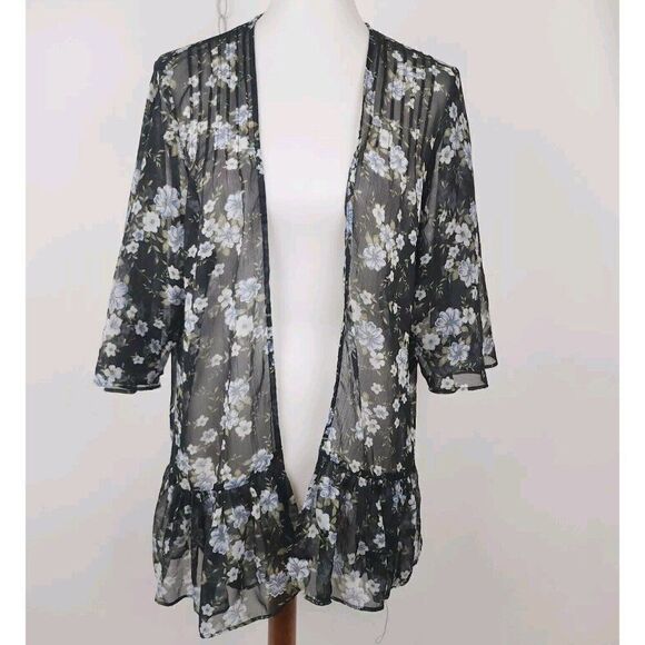 American Eagle Outfitters Tops - American Eagle Black Floral Ruffled Hem Open Front Sheer Kimono One Size